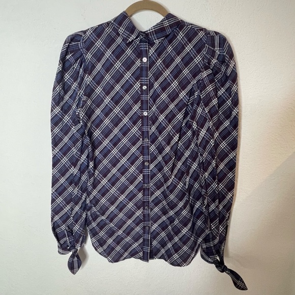 Veronica Beard Isabel Reversed Plaid Long Sleeve Top Size 6 Mock Neck Buttoned - Picture 2 of 14